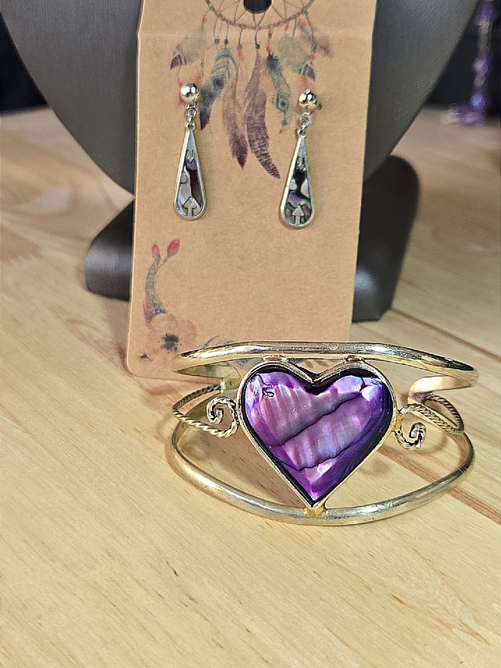 Heart Abalone Shell Cuff Bracelet with Abalone Inlay Earrings